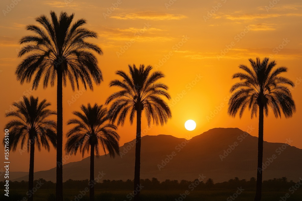 Obraz premium Sunset over the lush Nile Valley with palm trees silhouetted against the sky