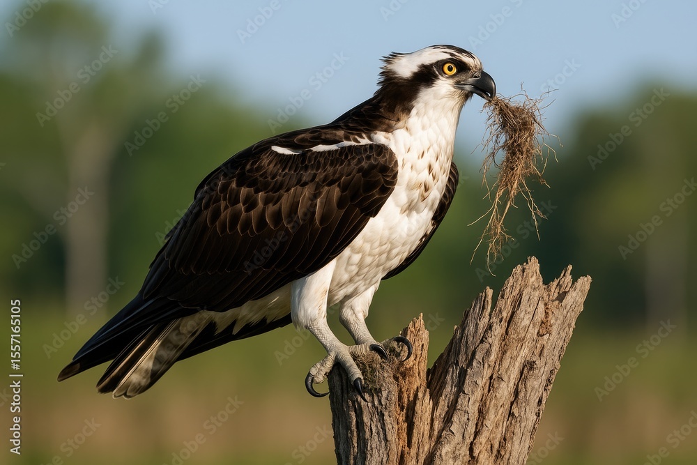 Fototapeta premium Bird resting on branch with nesting supplies
