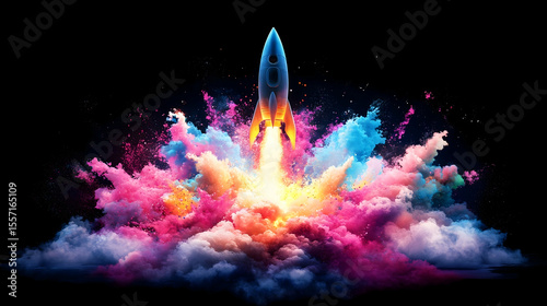 Colorful rocket launch, space, explosion, startup