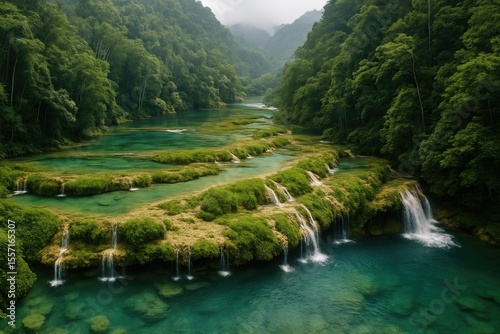Expansive view of a limestone formation featuring waterfalls and cascades within a lush jungle environment