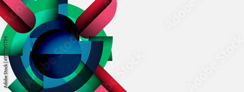 Abstract geometric shapes overlap, creating vibrant circular design. Colors include red, green, blue, with white background. Modern, dynamic composition.