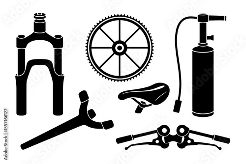 Set of Black Bicycle Parts and Tools Silhouettes