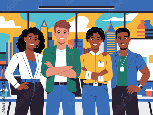 Diverse Team of Professionals Smiling Confidently in Modern Office Setting flat vector illustration