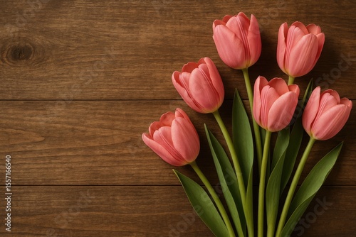 Close-up of pink tulips resting on a wooden surface with ample space for text