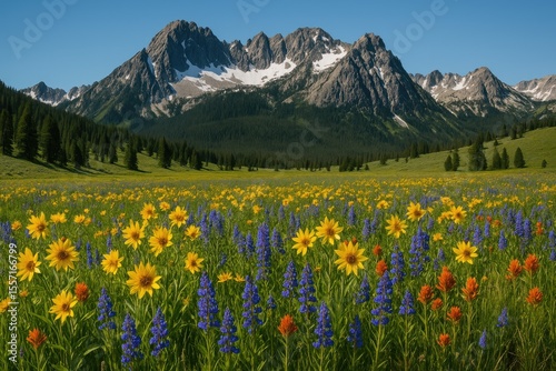 Fototapeta Naklejka Na Ścianę i Meble -  Snow-capped Rocky Mountain overlooking a wildflower meadow