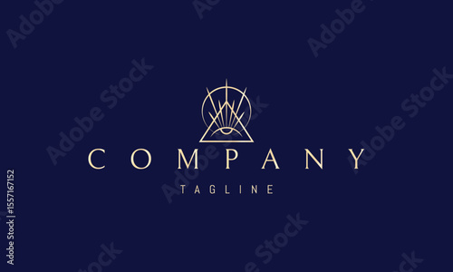 A vector golden logo featuring an abstract image a glowing eye centered within a triangle, emitting radiant light rays.