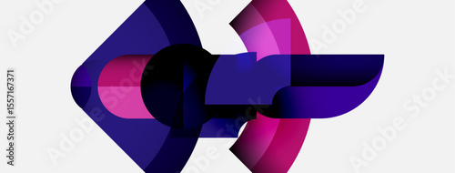 Abstract shapes overlap, creating dynamic composition. Purple, pink hues dominate design. Modern aesthetic, clean background present.