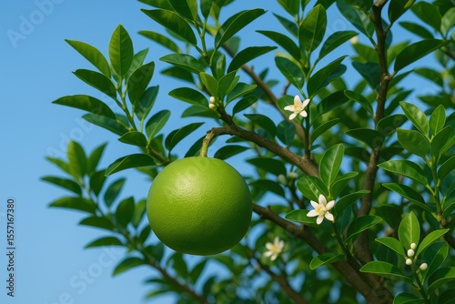 Green grapefruit with round shape, surrounded by twigs, leaves, and blossoms under a sky-blue background, featuring fruit trees and perennial planting with branching patterns
