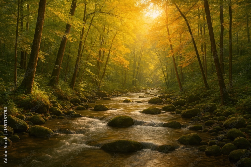 Obraz premium Stream flowing through a wooded area