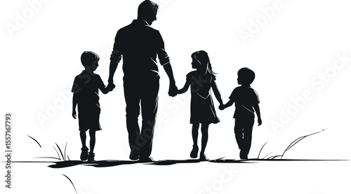 Father and Children Walking Together Silhouette on White Background Illustration