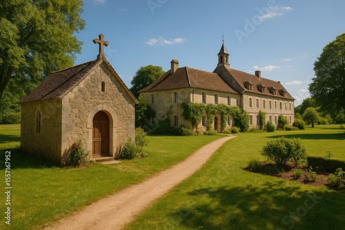 Countryside abbey with a tiny chapel and monastery structure set against a scenic landmark backdrop in a rural setting
