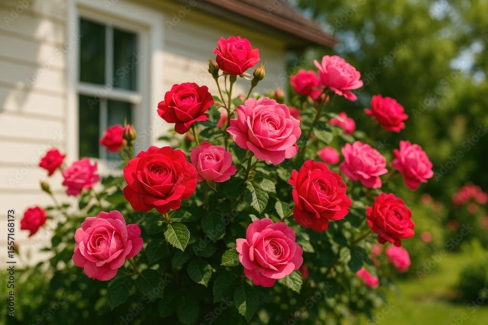 Obraz premium Garden roses growing near a home