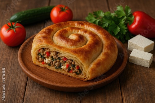 Savory stuffed pastry with vegetables and meat served on a rustic wooden platter