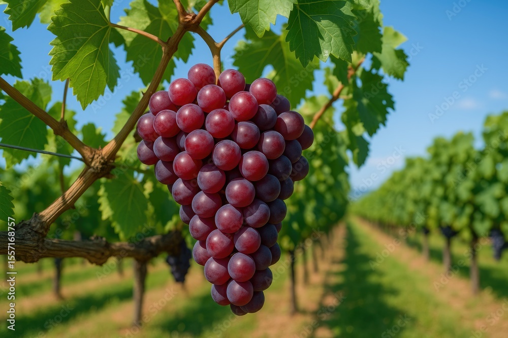 Fototapeta premium Fully ripened crimson grape clusters ready for picking in the vineyard