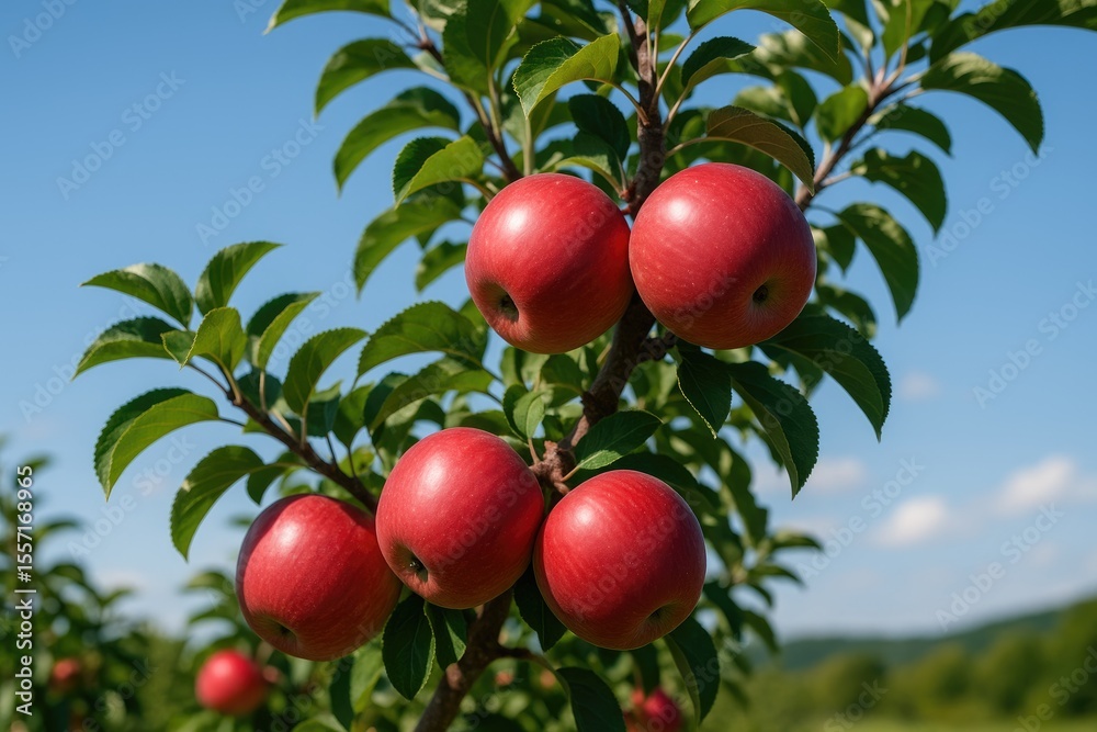 Fototapeta premium Fully ripened crimson apples hanging on a fruit tree