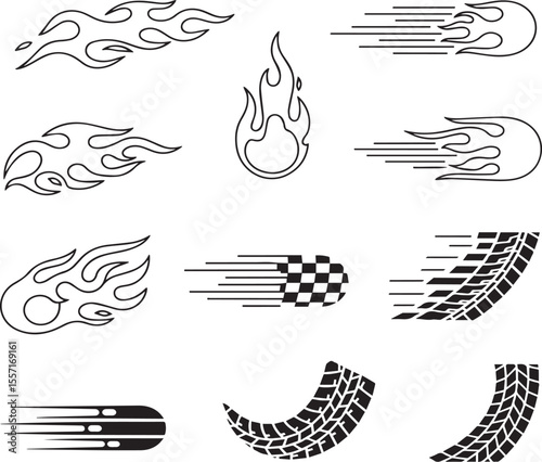 Collection of stylized flame graphics and tire tracks with motion lines suggesting speed and racing energy