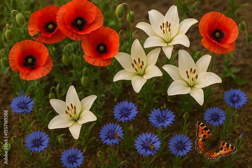 Red Poppies, White Lilies, and Blue Cornflowers with Bees and Butterfly in Garden Bed at Sunrise