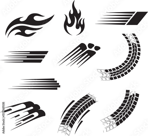 Collection of black tribal flames speed lines and tire tracks representing motion power and automotive design elements