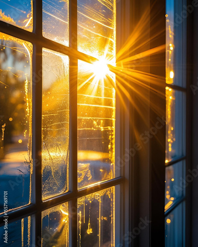 sunburst, dusty window, golden sunlight, ethereal glow, warm light, glowing dust, sunlight through window, sun rays, dreamy light, atmospheric light, golden hour, radiant sun, ambient light, warm atmo