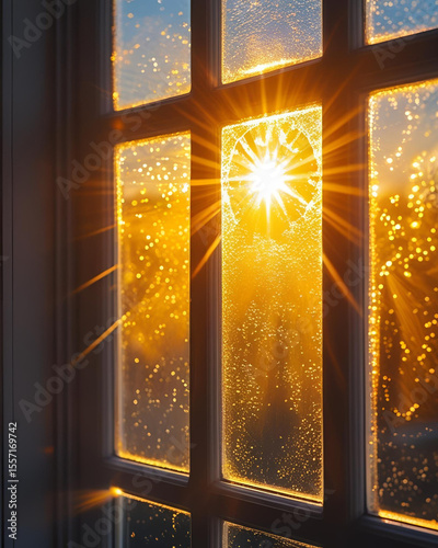 sunburst, dusty window, golden sunlight, ethereal glow, warm light, glowing dust, sunlight through window, sun rays, dreamy light, atmospheric light, golden hour, radiant sun, ambient light, warm atmo