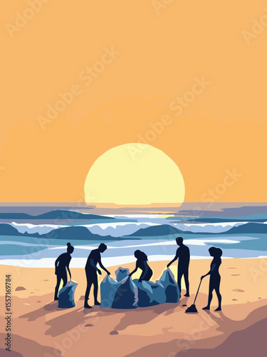 people cleaning on the beach for environment vector