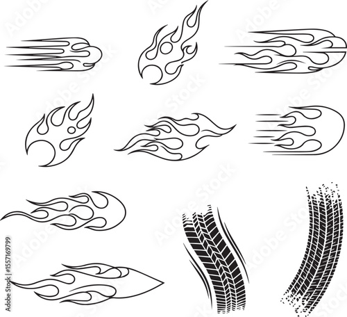 Collection of black tribal flame graphics and tire tracks for automotive customization and graphic design projects