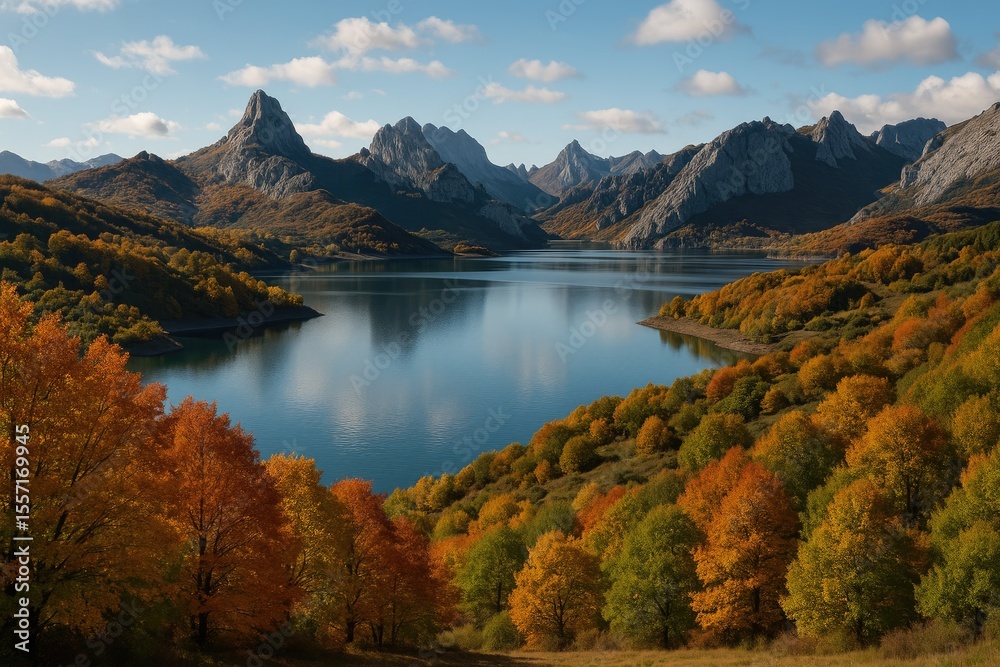 Fototapeta premium Autumn scenery in the Riano mountain range within a famous national park