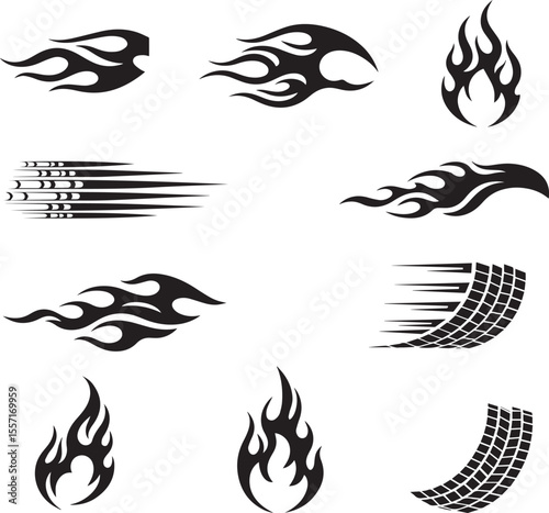 Collection of black tribal flame and tire track graphic design elements for automotive and sports themed decoration and customization