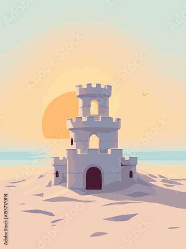 sand castle on the beach with sunset