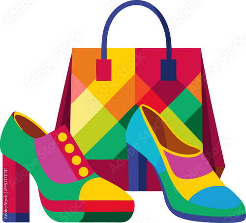 Colourful flat vector of a pair of shoes and handbag with pop-art style with white background.
