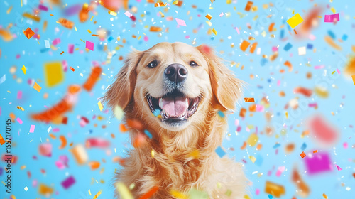 Golden Retriever, confetti, celebration, studio, joy, background, blue, pet
