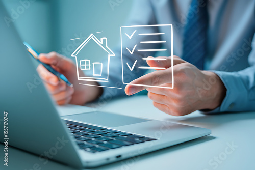 Real Estate Transaction Process, Property Buying and Selling Checklist, and Homeownership Documentation on a Laptop