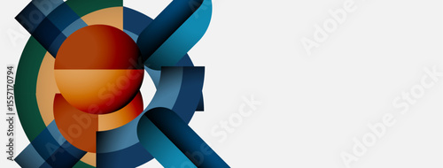 Abstract geometric composition. Overlapping shapes create dynamic visual impact. Warm, cool colors blend, suggesting depth, movement.