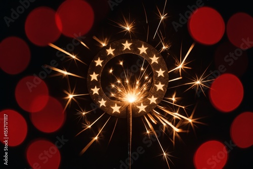 Sparkler Ring with 13 Star Flag Design Bursting in Red Bokeh Light at Night
