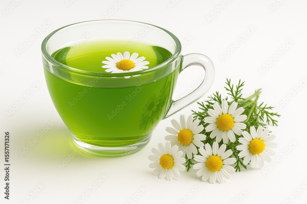 A cup of green tea surrounded by chamomile flowers on a white backdrop A cup of green tea surrounded by chamomile flowers on a white backdrop