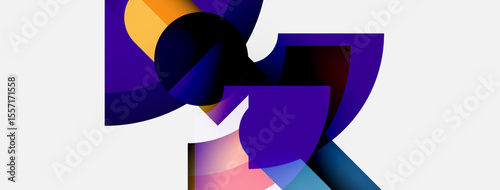 Abstract shapes overlap, creating dynamic composition. Purple, blue, orange hues dominate white background. Modern design elements present.