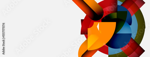 Abstract colorful shapes overlap, creating dynamic circular design. Bright hues contrast against white background. Modern, vibrant composition.