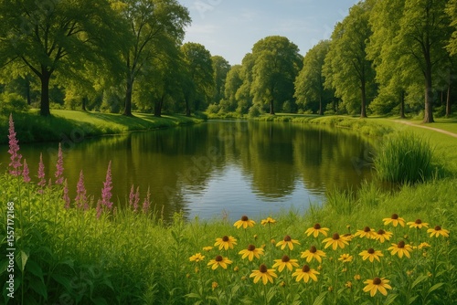 Fototapeta Naklejka Na Ścianę i Meble -  Lush foliage during late summer in a park setting