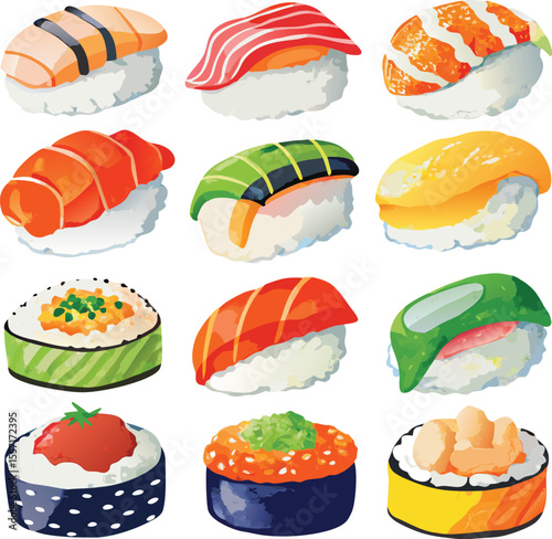 watercolor sushi set isolated transparent background