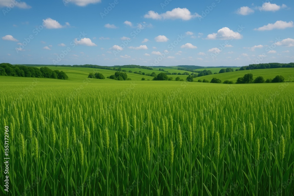Fototapeta premium Lush green wheat plains in rural scenery