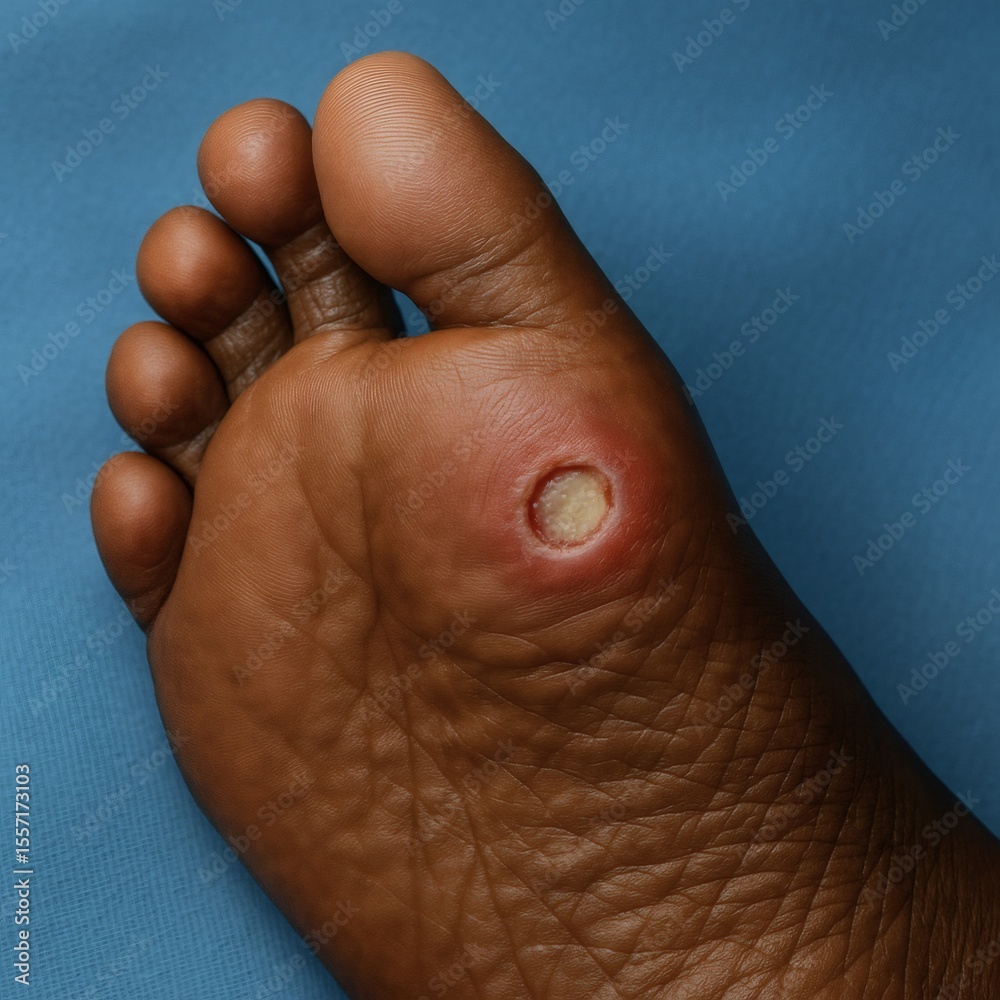 Obraz premium Close Up of Early Diabetic Foot Ulcer on Ball of Foot with Redness and Tissue Damage. Clinical Medical Concept on Blue Sterile Background