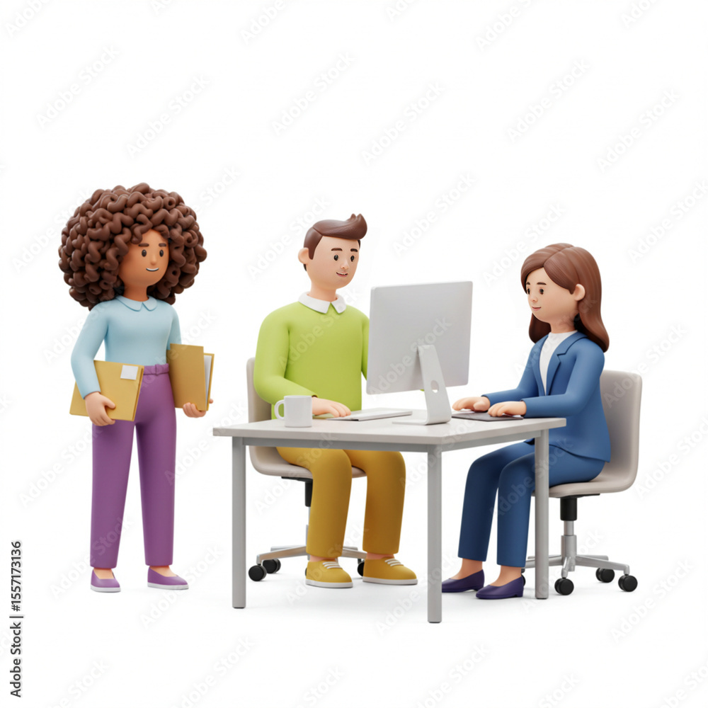 Obraz premium Three diverse cartoon people collaborating at a desk with a computer and files isolated on white background