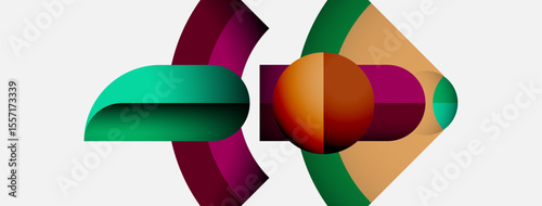 Abstract geometric shapes overlap, creating vibrant color combinations. Composition features curves, angles, smooth gradients. Modern design.