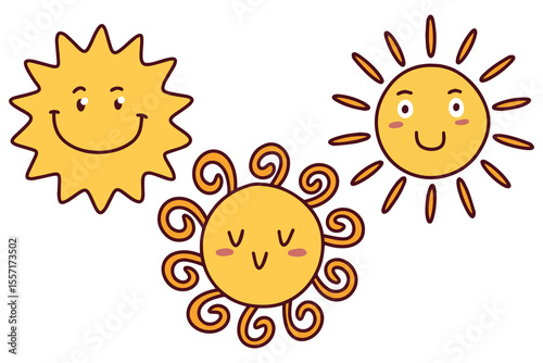 Three cheerful sun characters with different ray styles including spiral and pointed, drawn in warm yellow tones on white background
