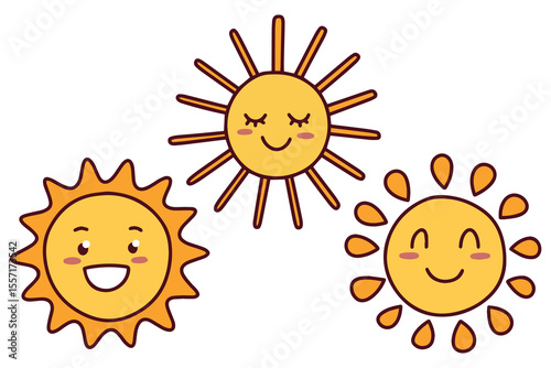 Three different sun faces with unique ray shapes and expressions, including smiling and sleepy, hand drawn on white background