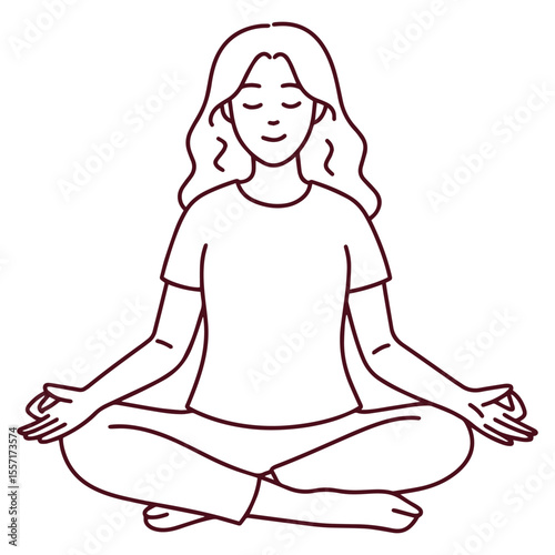 Outline drawing of woman in lotus position with eyes closed and hands on knees, practicing meditation and mindfulness, suitable for coloring page