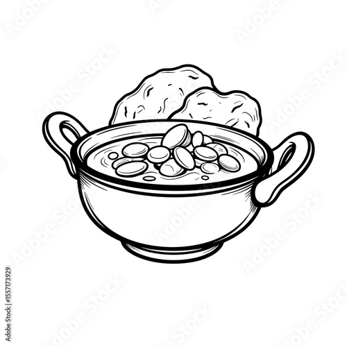 Indian Curry with Naan Line Art, Minimalist Culinary Illustration