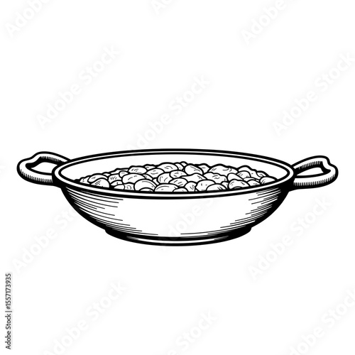 Line art Spanish paella pan with rice, traditional cuisine illustration