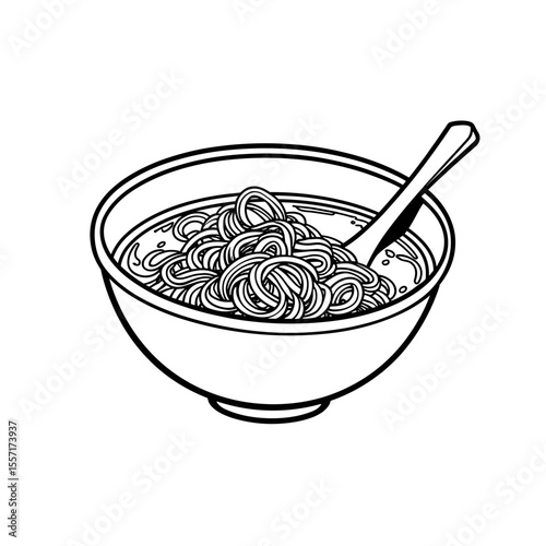 Vietnamese Pho Noodle Bowl Line Art, Culinary Illustration with Copyspace