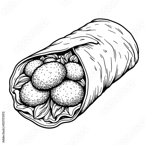 Lebanese falafel wrap line art, culinary illustration with clarity and precision